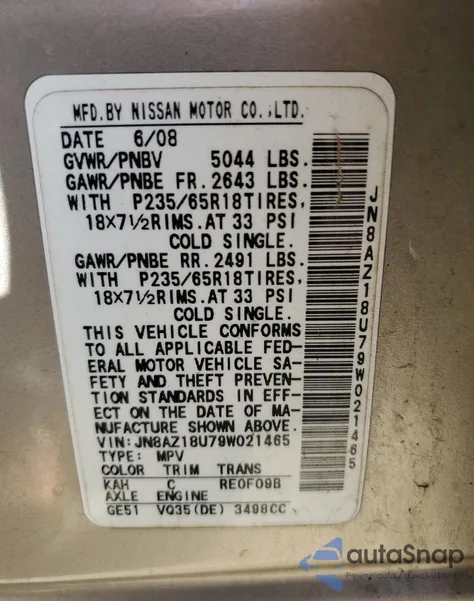 2009 Nissan Murano S from USA, damaged, VIN JN8AZ18U79W021465